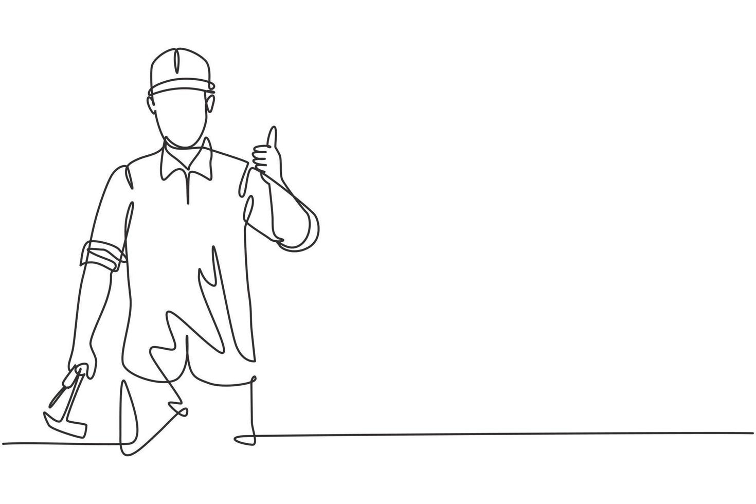 Single continuous line drawing a carpenter with a thumbs-up gesture works in his workshop making wooden products. Skills in using carpentry tools. One line draw graphic design vector illustration.