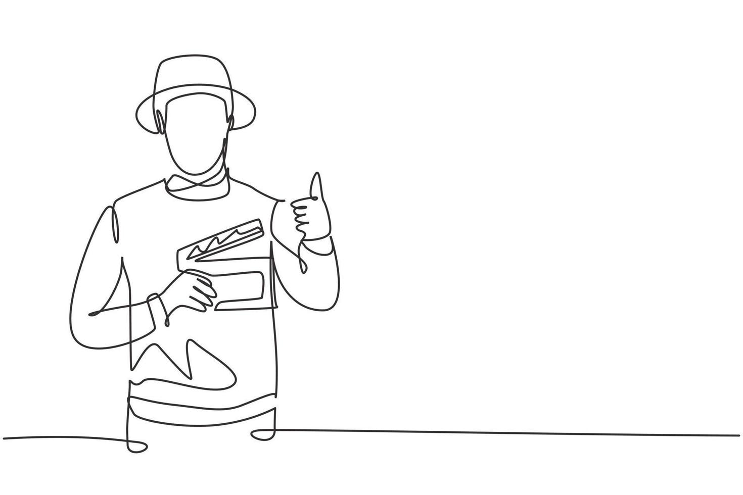 Single continuous line drawing the film director with a thumbs-up gesture while holding the clapperboard set the crew for studio shooting. Dynamic one line draw graphic design vector illustration.