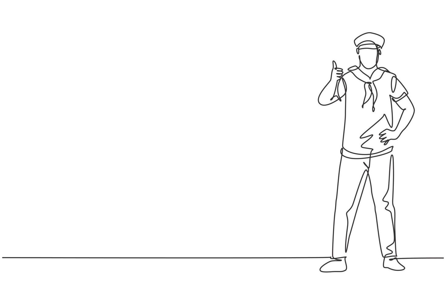 Continuous one line drawing a sailor man stands with a thumbs-up gesture to be part of a cruise ship carrying passengers traveling across seas. Single line draw design vector graphic illustration.