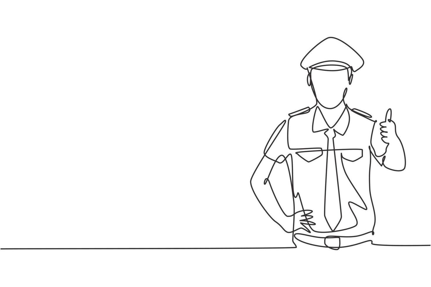 Single one line drawing of pilot with a thumbs-up gesture and full uniform is ready to fly with the cabin crew with the aircraft at the airport. Continuous line draw design graphic vector illustration