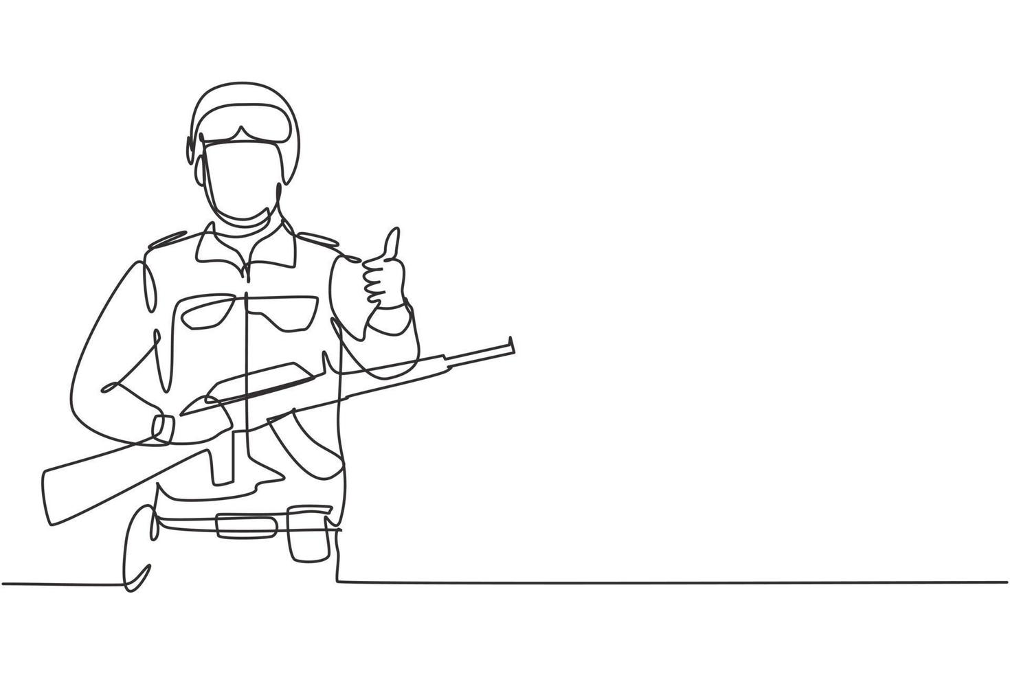 soldados de dibujo continuo de una línea con armas, uniformes completos, gestos de pulgar hacia arriba están listos para defender el país en el campo de batalla contra el enemigo. Ilustración gráfica de vector de diseño de dibujo de una sola línea.