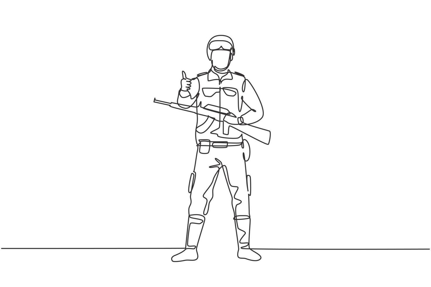 Los soldados de dibujo continuo de una línea están de pie con armas, uniformes completos y gestos de pulgar hacia arriba que sirven al país con la fuerza de las fuerzas militares. Ilustración gráfica de vector de diseño de dibujo de una sola línea