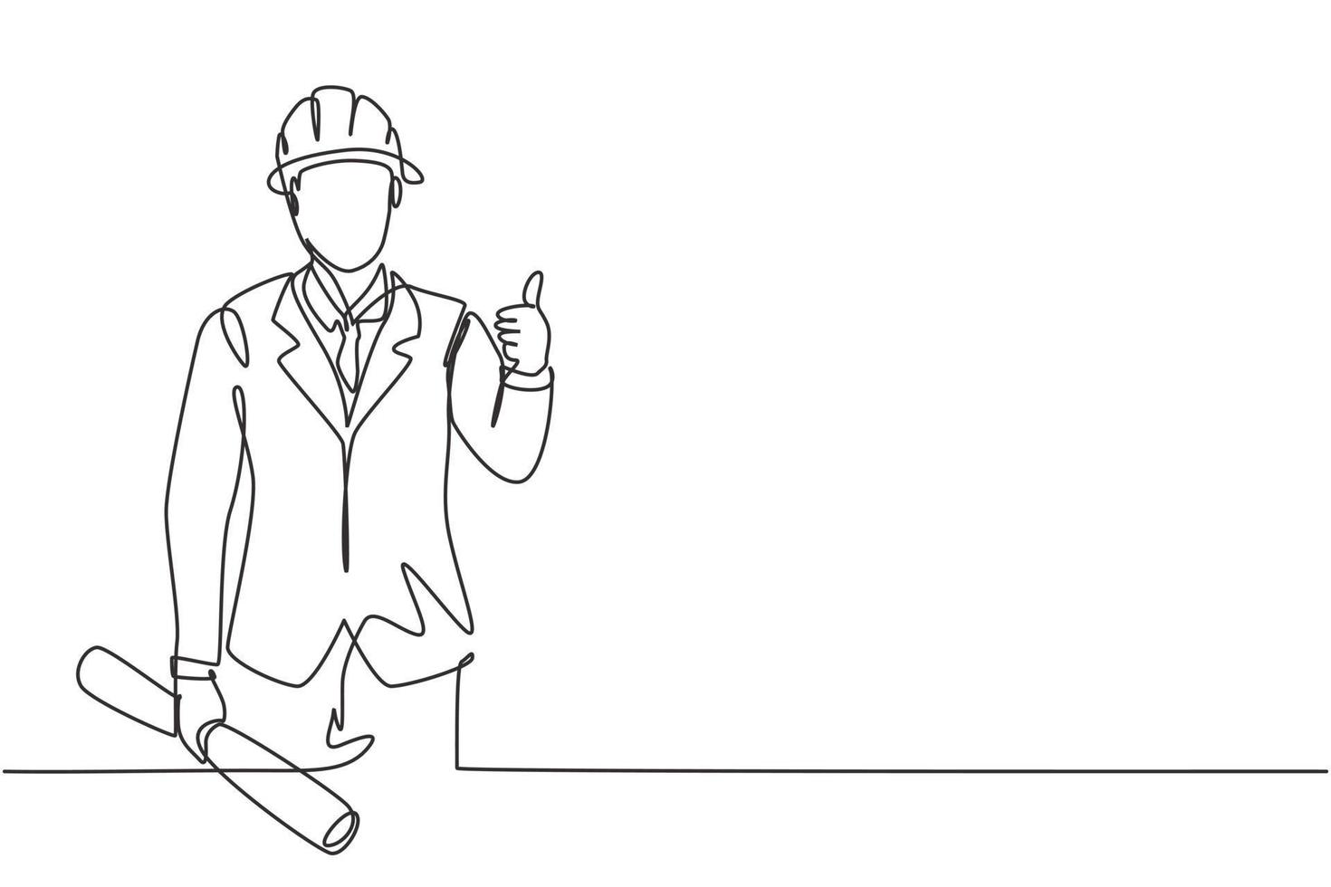 Continuous one line drawing the architect with a gesture of raising his thumb and wearing a helmet carried a building construction drawing paper. Single line draw design vector graphic illustration.