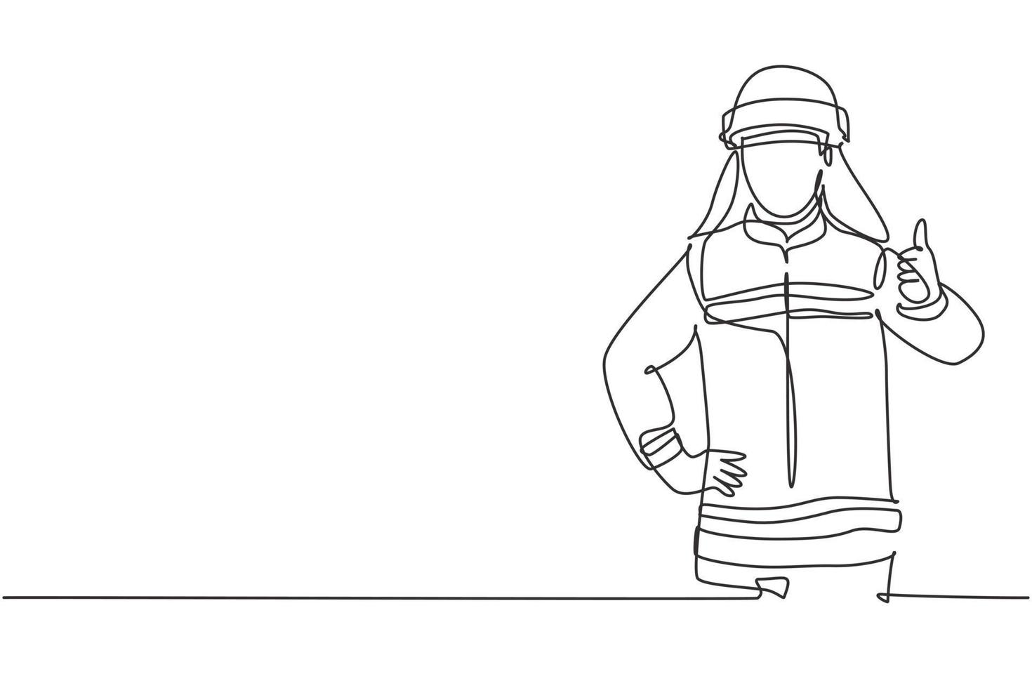 Single continuous line drawing firefighters in uniform complete with a thumbs-up gesture prepare to put out the fire that burned the building. Dynamic one line draw graphic design vector illustration.