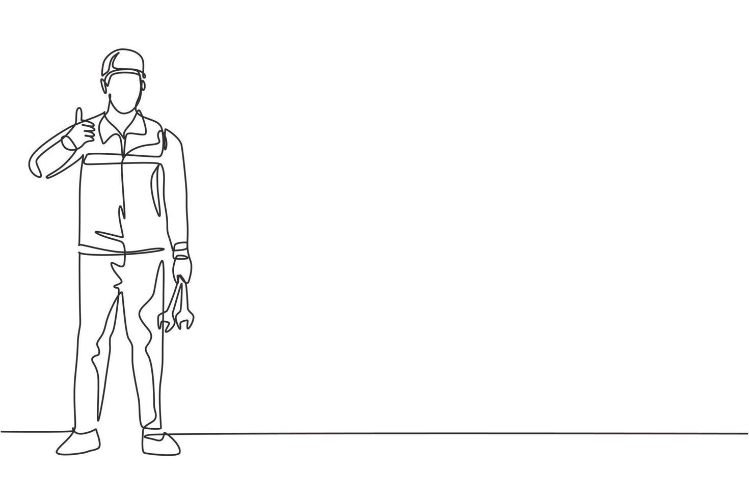 Continuous one line drawing mechanic stands up with a thumbs-up gesture and holding the wrench to perform maintenance on the vehicle engine. Single line draw design vector graphic illustration.