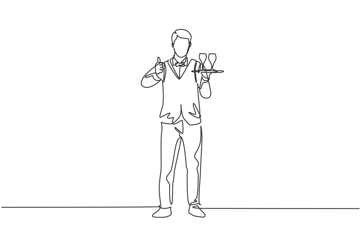 Single continuous line drawing waiter stood up with a thumbs-up gesture and brought a tray of drinking glasses to offer to restaurant guests. Dynamic one line draw graphic design vector illustration.