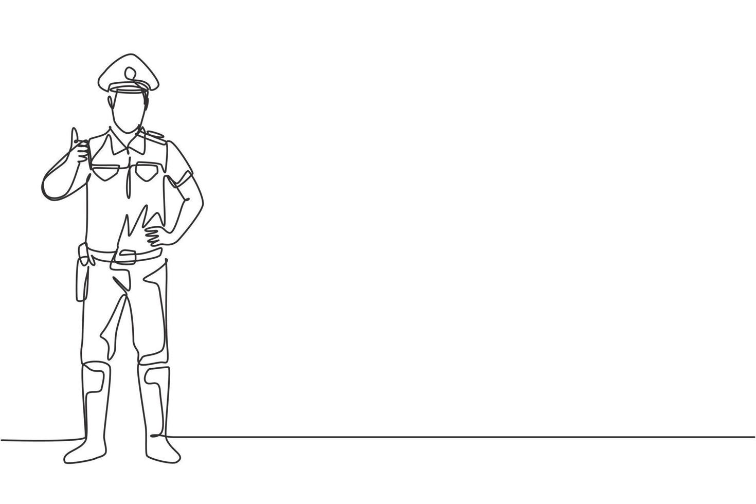 Continuous one line drawing policeman standing with a thumbs-up gesture and in full uniform works to control vehicle traffic on the highway. Single line draw design vector graphic illustration.