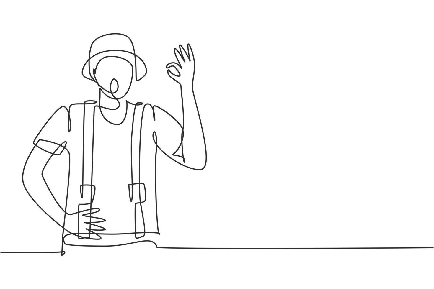 Single one line drawing of mime artist with gesture okay and white face make-up puts on a silent motion comedy show at circus arena. Modern continuous line draw design graphic vector illustration