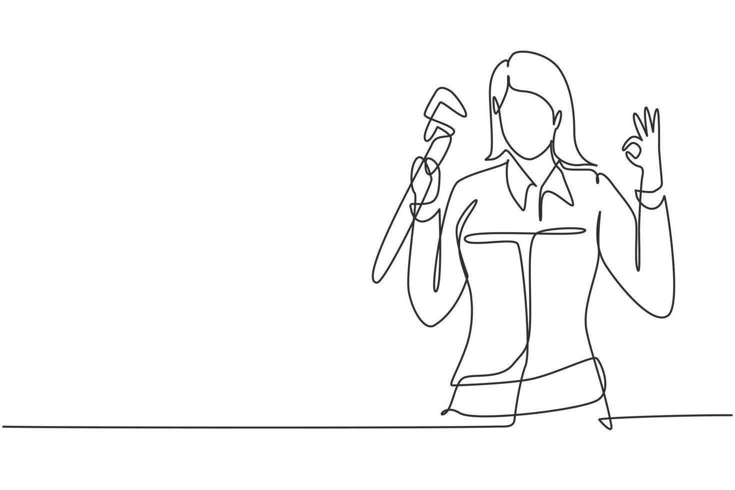 Single one line drawing female plumber with gesture okay ready to work on repairing leaking drain in sink and house's drains. Success business. Continuous line draw design graphic vector illustration