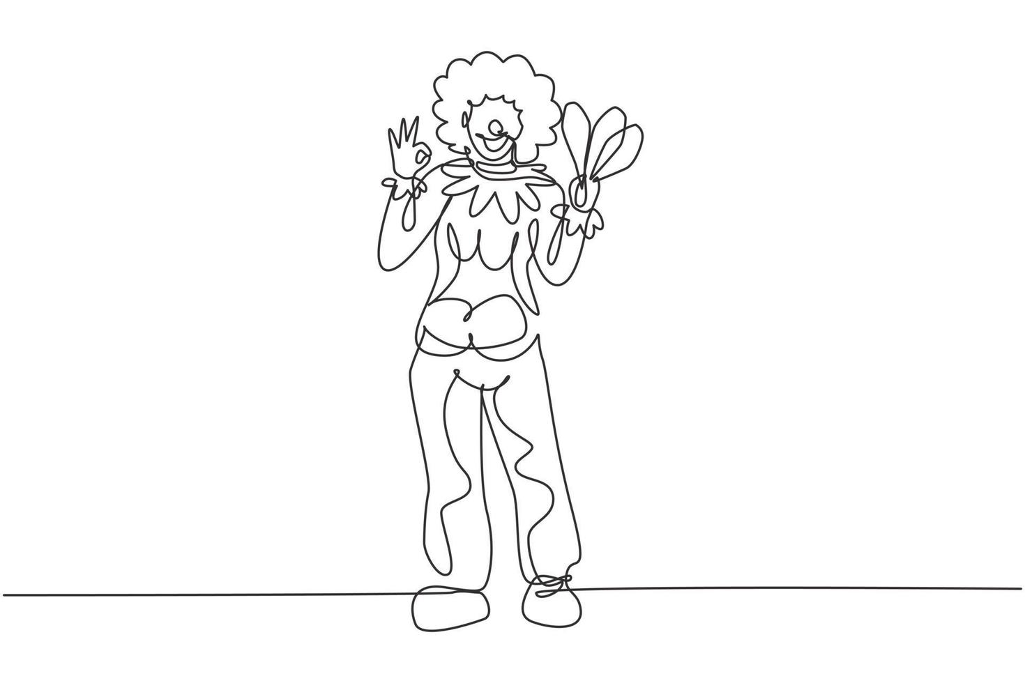 Continuous one line drawing female clown stands with gesture okay wearing wig and clown costume ready to entertain the audience in the circus arena. Single line draw design vector graphic illustration