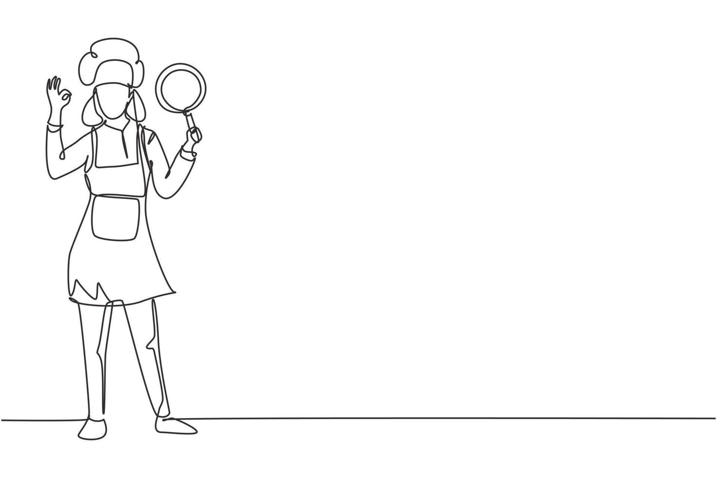 Single one line drawing female chef stands with gesture okay, holding pan and wear apron prepares ingredients to cook the best dishes. Modern continuous line draw design graphic vector illustration