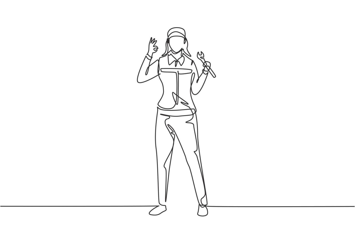 Single continuous line drawing female mechanic stands up with gesture okay and holding wrench to perform maintenance on vehicle engine. Success work. One line draw graphic design vector illustration