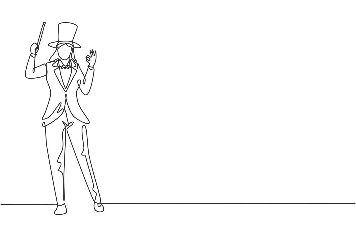 Single continuous line drawing female magician stands with gesture okay wearing hat and holding magic wand performing tricks at circus show. Dynamic one line draw graphic design vector illustration