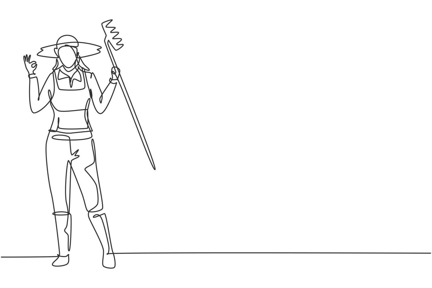 Continuous one line drawing female farmer stood with gesture okay, wearing straw hat and carrying rake to plant crops on farmland. Success business. Single line draw design vector graphic illustration