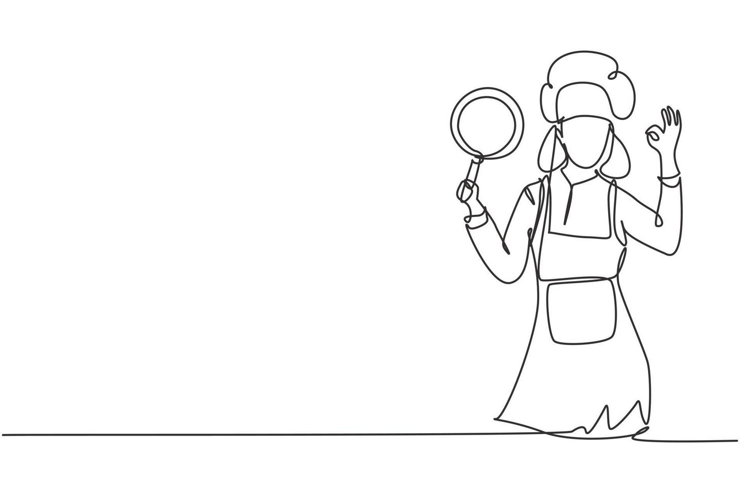 Continuous one line drawing female chef with gestures okay, holding pan and wearing apron is ready to cook meals for guests at famous restaurants. Single line draw design vector graphic illustration