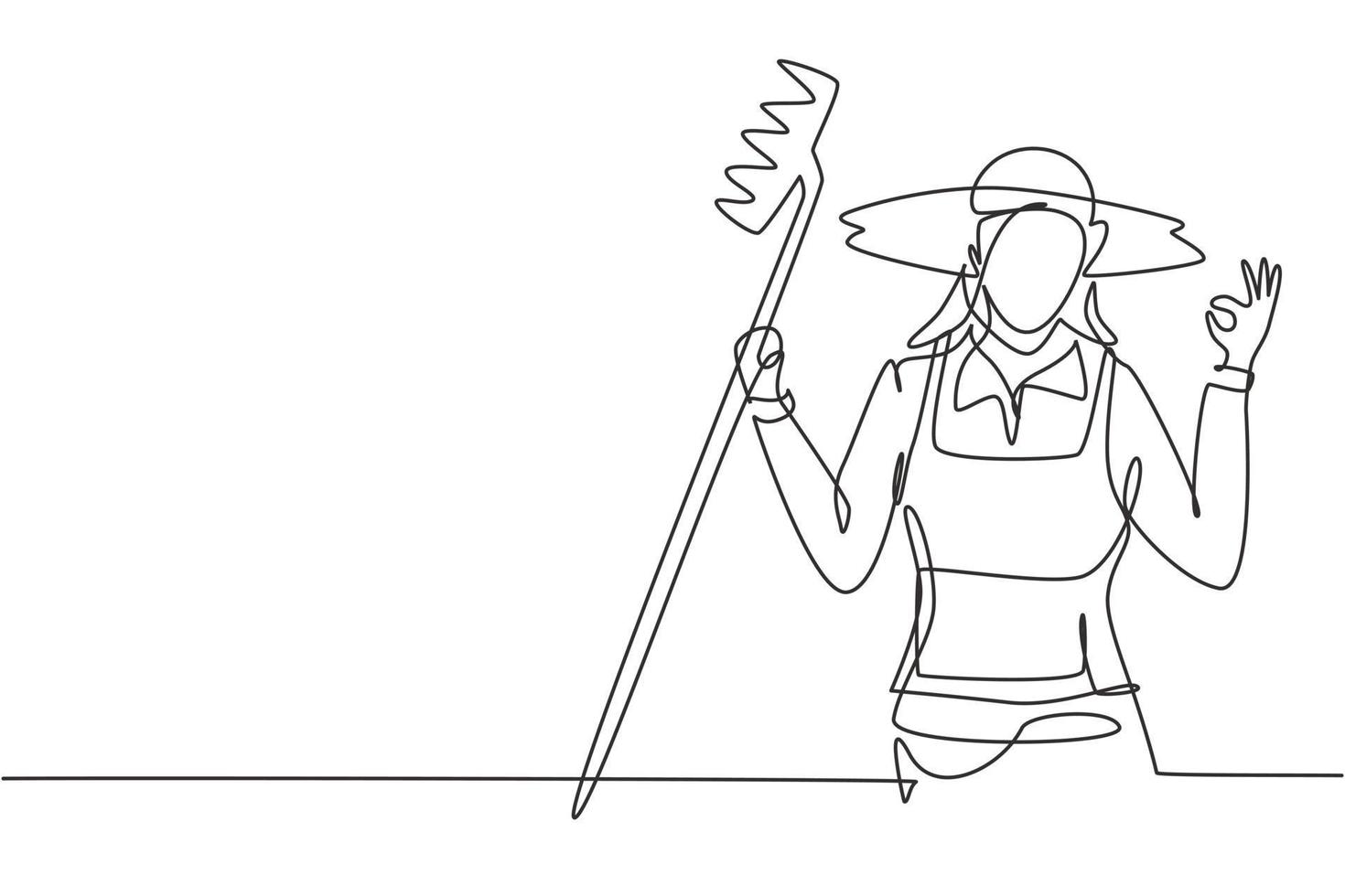 Continuous one line drawing female farmer with gesture okay wearing straw hat and carrying rake to work on the farm. Success business concept. Single line draw design vector graphic illustration