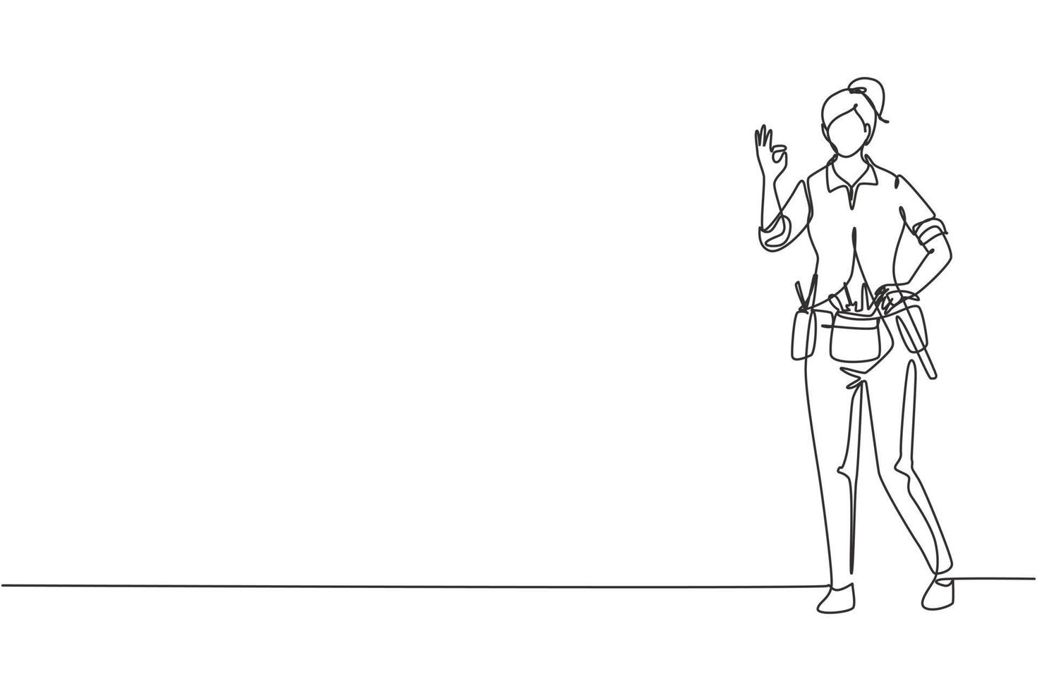 Single continuous line drawing handywoman stands with gesture okay and tools such as pliers, screwdriver, hammer that is placed on his work shirt. One line draw graphic design vector illustration