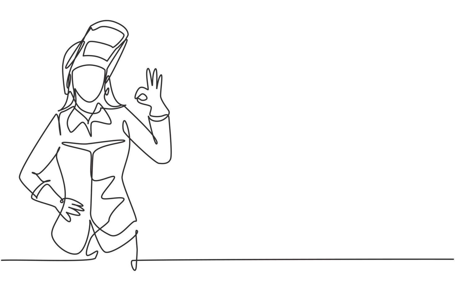 Continuous one line drawing female welder with gesture okay works in the construction of building forming steel frame that is melted by fire. Single line draw design vector graphic illustration