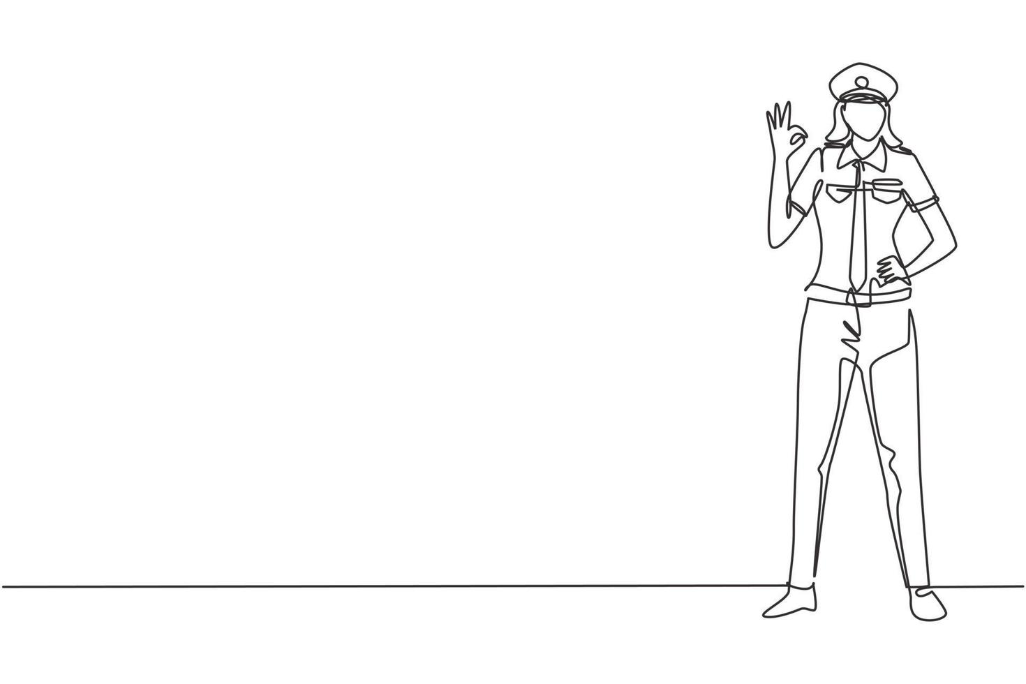 Single one line drawing of female pilot stands with gesture okay and complete uniform serves airplane passengers fly to destination. Modern continuous line draw design graphic vector illustration