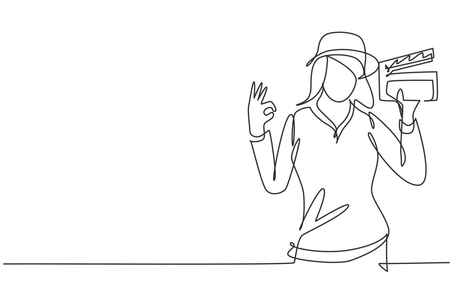 Single one line drawing female film director with gesture okay holding clapperboard and set crew for studio shooting. Professional work. Modern continuous line draw design graphic vector illustration