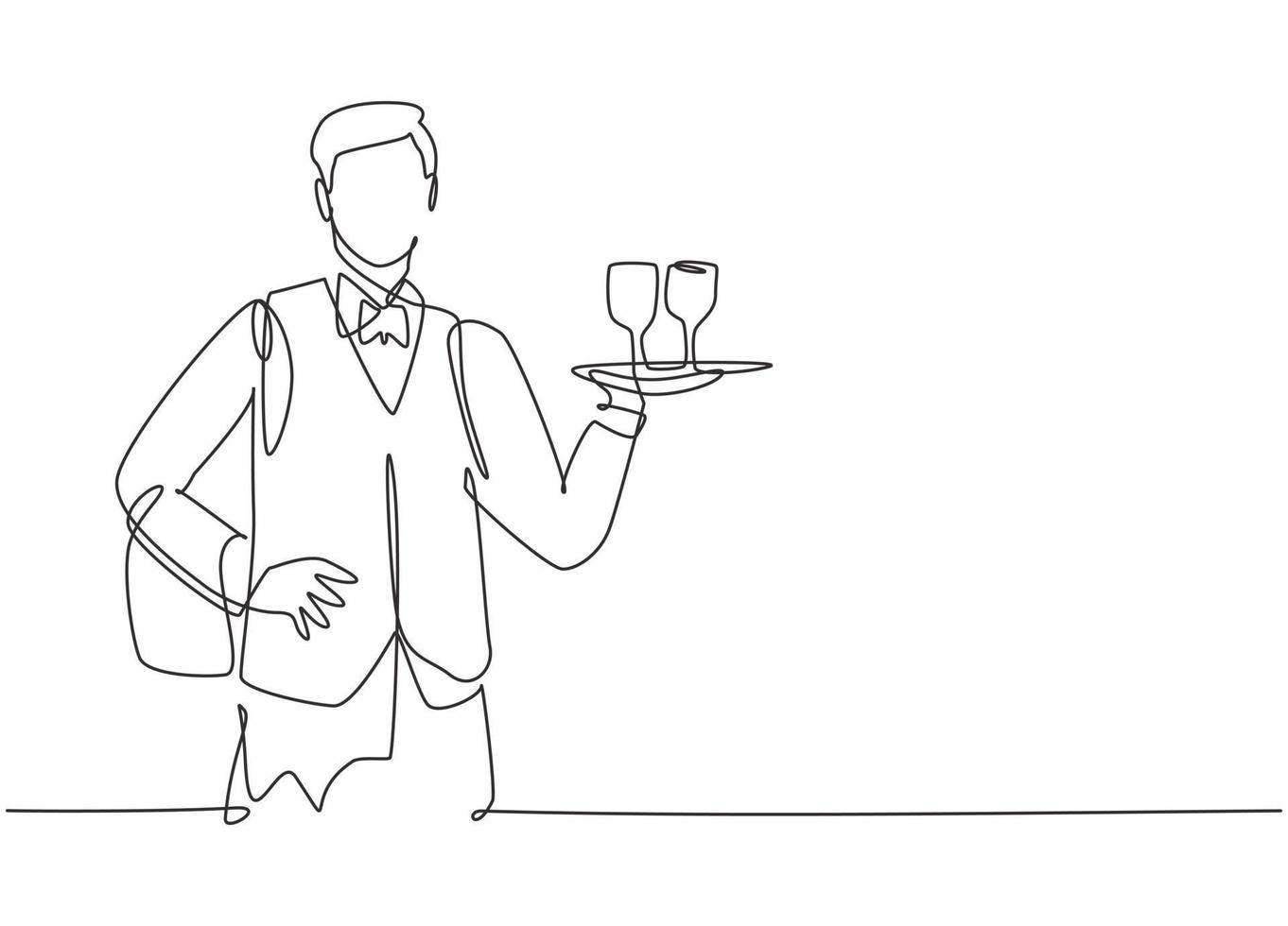 Single one line drawing of young waiter man holding metal tray with glass to serve. Professional work profession and occupation minimal concept. Continuous line draw design graphic vector illustration