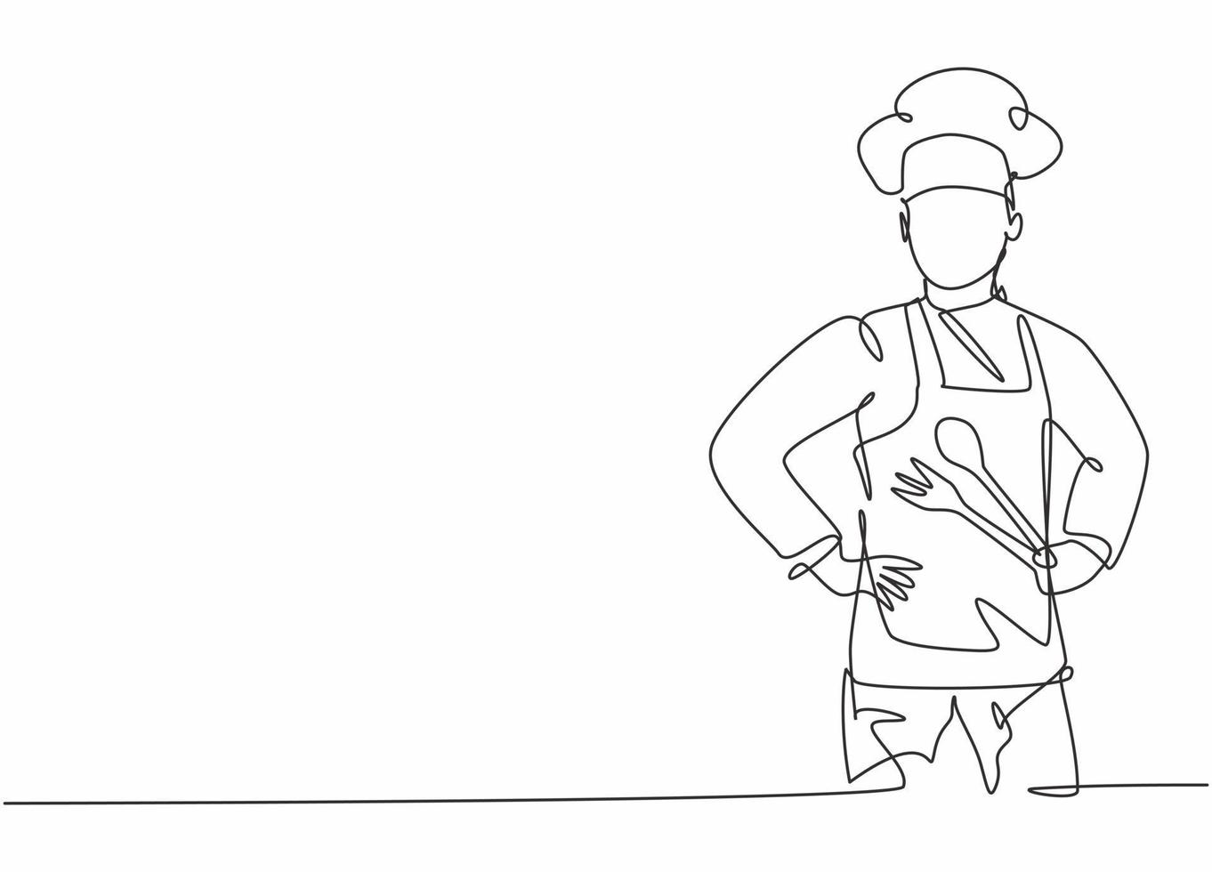 dibujo continuo de una línea de un joven chef posando y sosteniendo una cuchara y un tenedor antes de cocinar. concepto minimalista de profesión de trabajo profesional. Ilustración gráfica de vector de diseño de dibujo de una sola línea