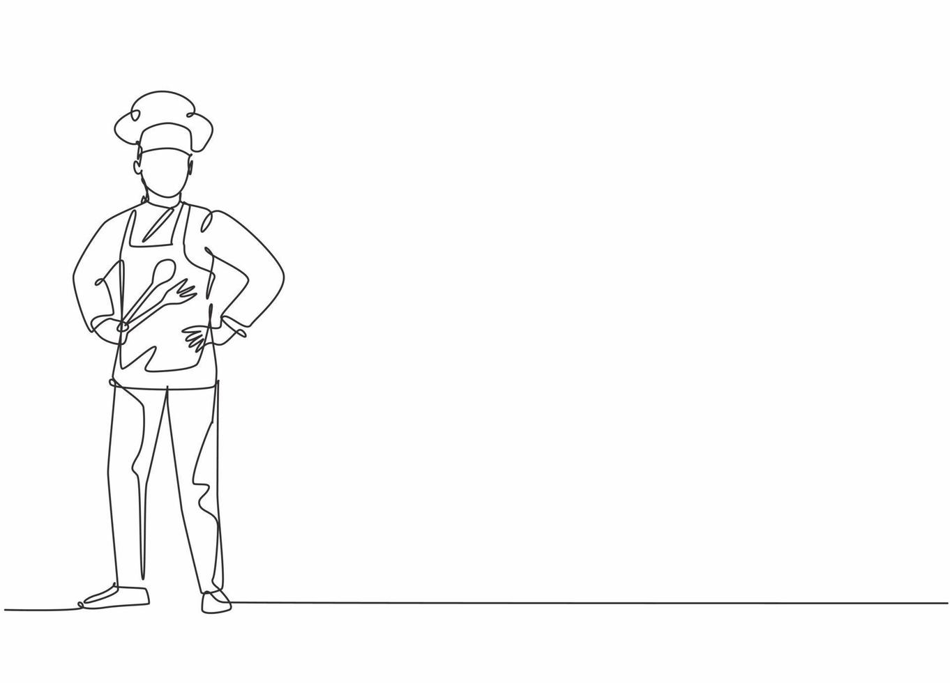 Single continuous line drawing of young male chef wearing uniform pose standing at the kitchen. Professional work job occupation. Minimalism concept one line draw graphic design vector illustration