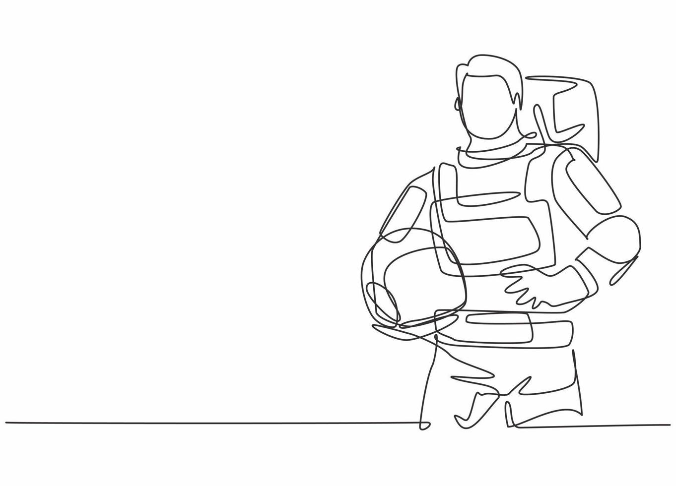 Single continuous line drawing of young male astronaut holding helmet. Professional work job occupation. Minimalism concept one line draw graphic design vector illustration