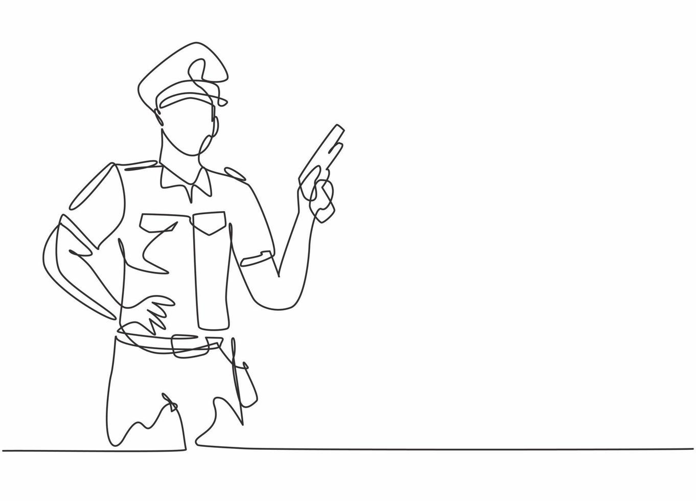 Continuous one line drawing of young policeman wearing uniform and holding hand revolver gun. Professional job profession minimalist concept. Single line draw design vector graphic illustration