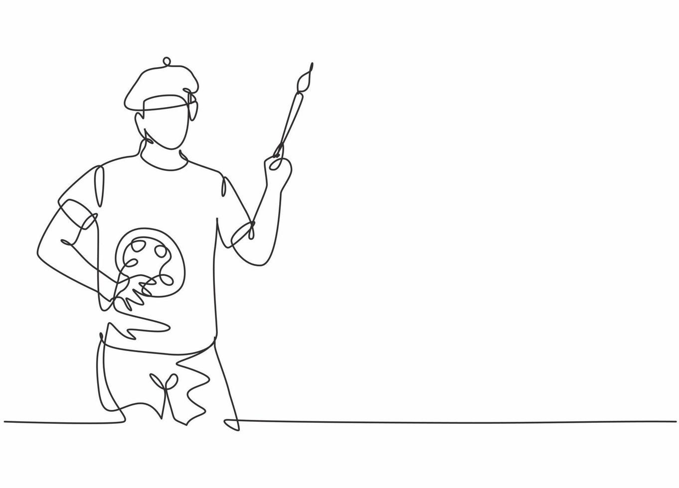 Continuous one line drawing of young painter with flat cap holding paintbrush and color palette. Professional job profession minimalist concept. Single line draw design vector graphic illustration