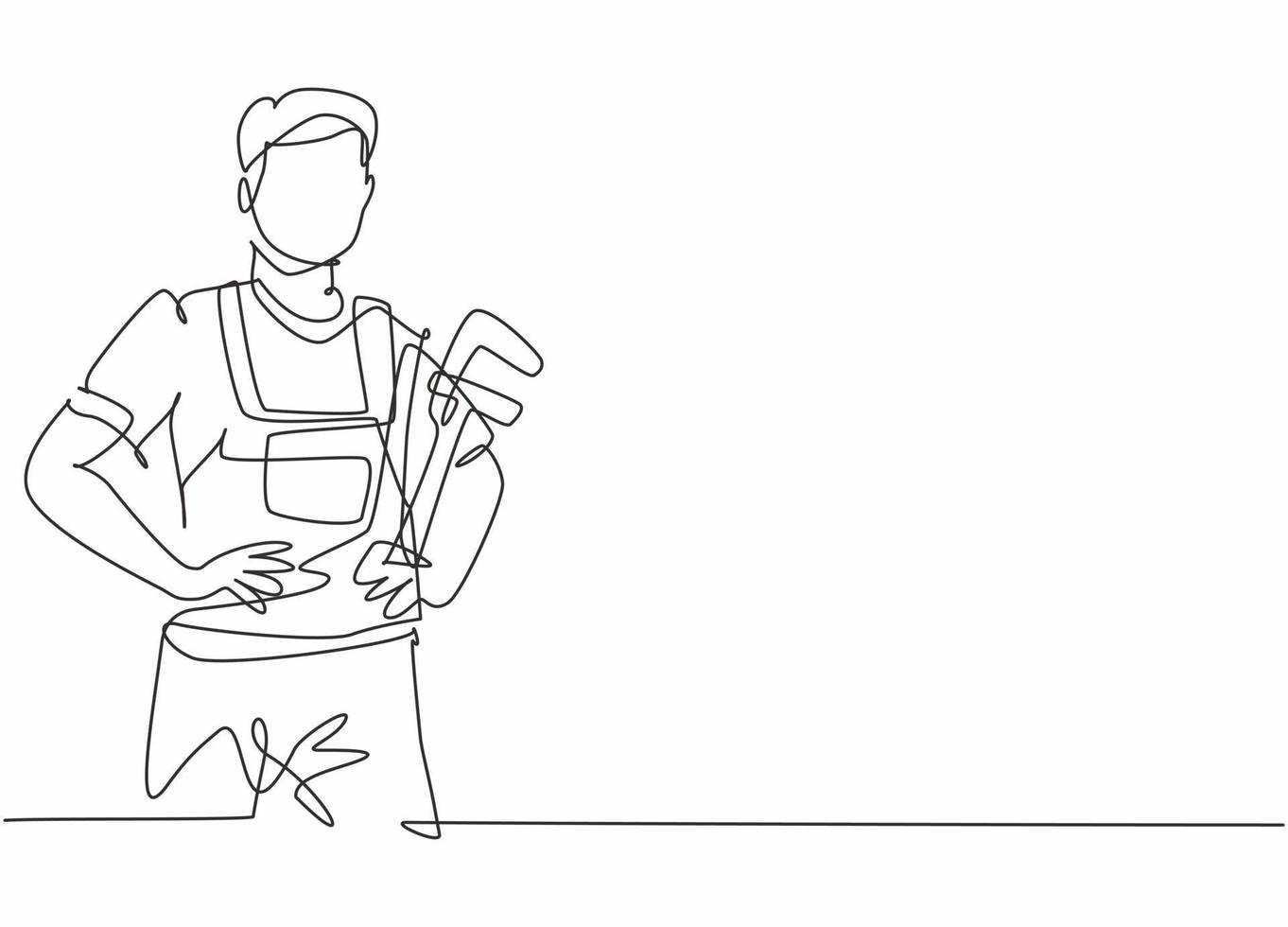 Single one line drawing of young male plumber wearing uniform holding pipe wrench. Professional work profession and occupation minimal concept. Continuous line draw design graphic vector illustration