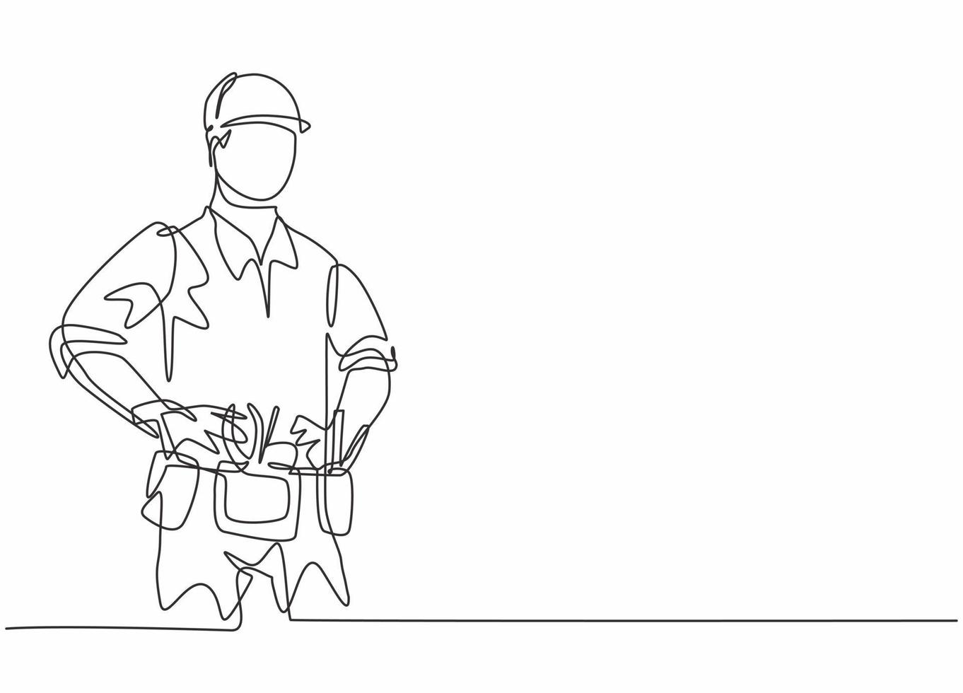 Single continuous line drawing of young handyman bringing equipment tools on his waist. Professional work job occupation. Minimalism concept one line draw graphic design vector illustration