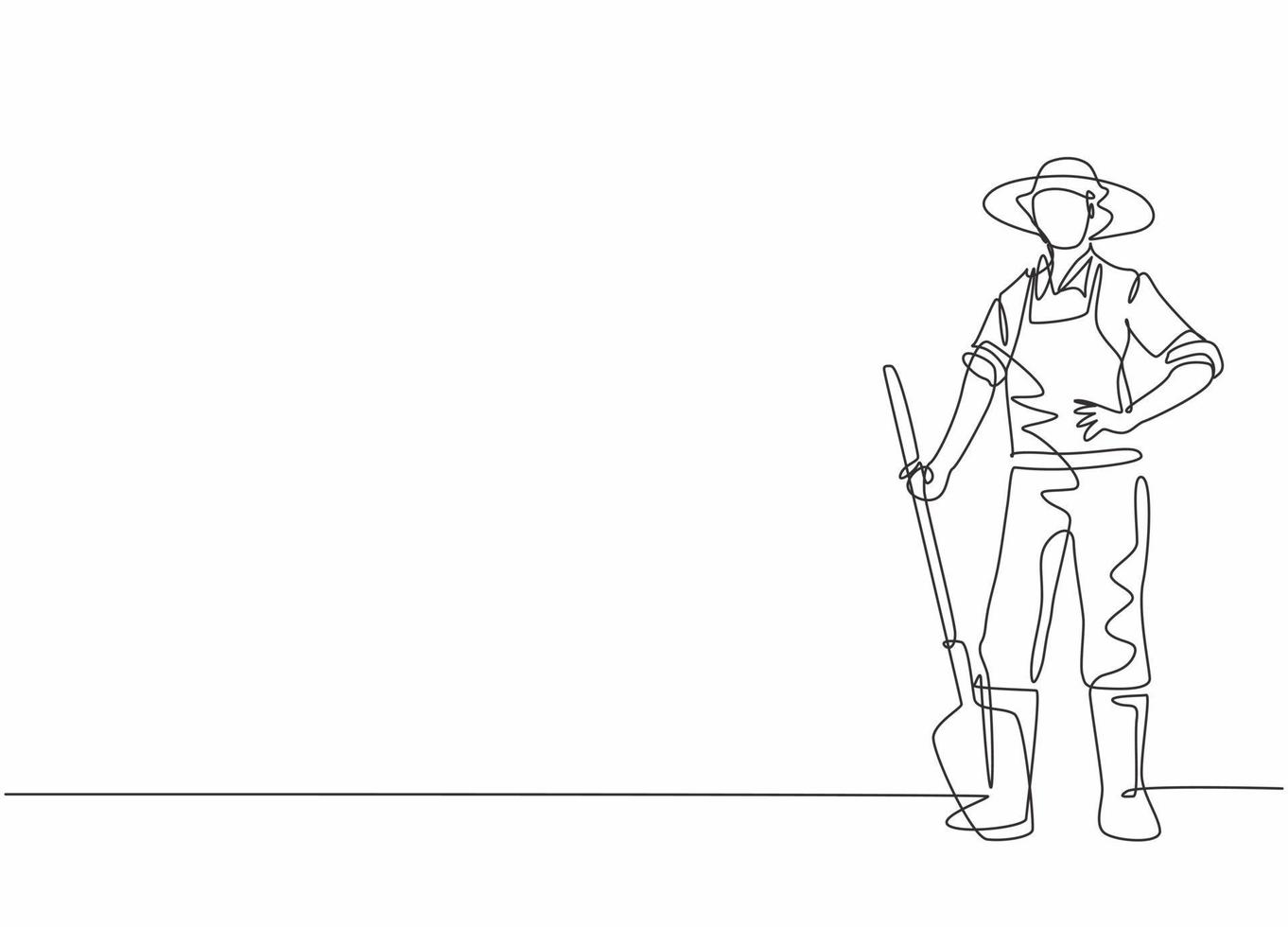 Continuous one line drawing of young male farmer pose standing on field and holding shovel . Professional job profession minimalist concept. Single line draw design vector graphic illustration