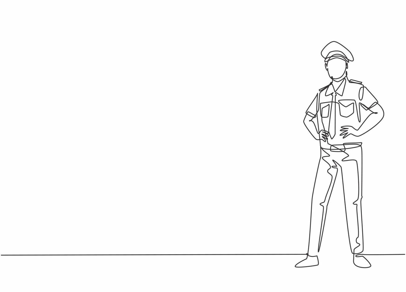 Single continuous line drawing of young male captain pilot wearing uniform and pose standing. Professional work job occupation. Minimalism concept one line draw graphic design vector illustration