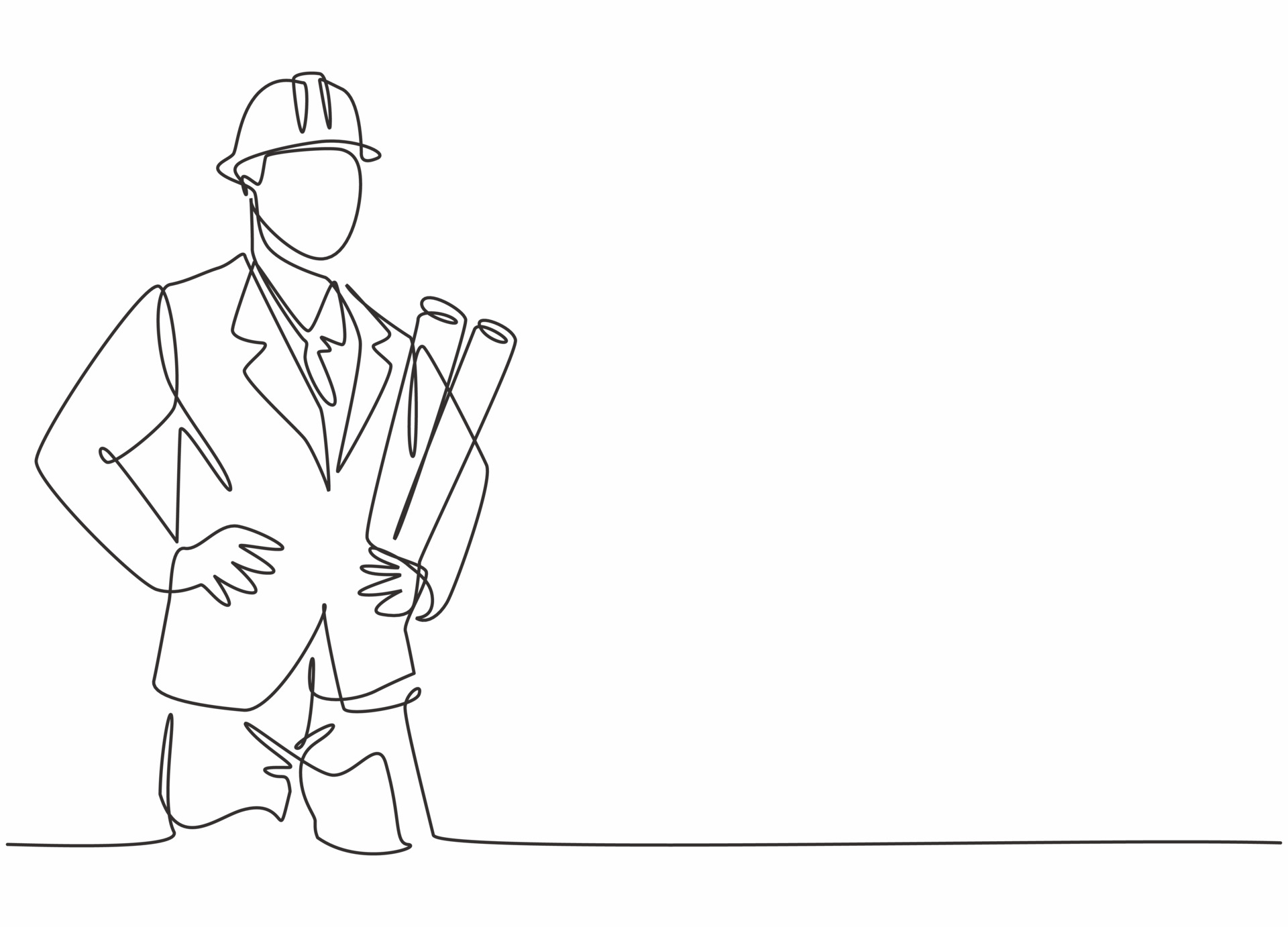 Single one line drawing of young male architect holding blueprint paper