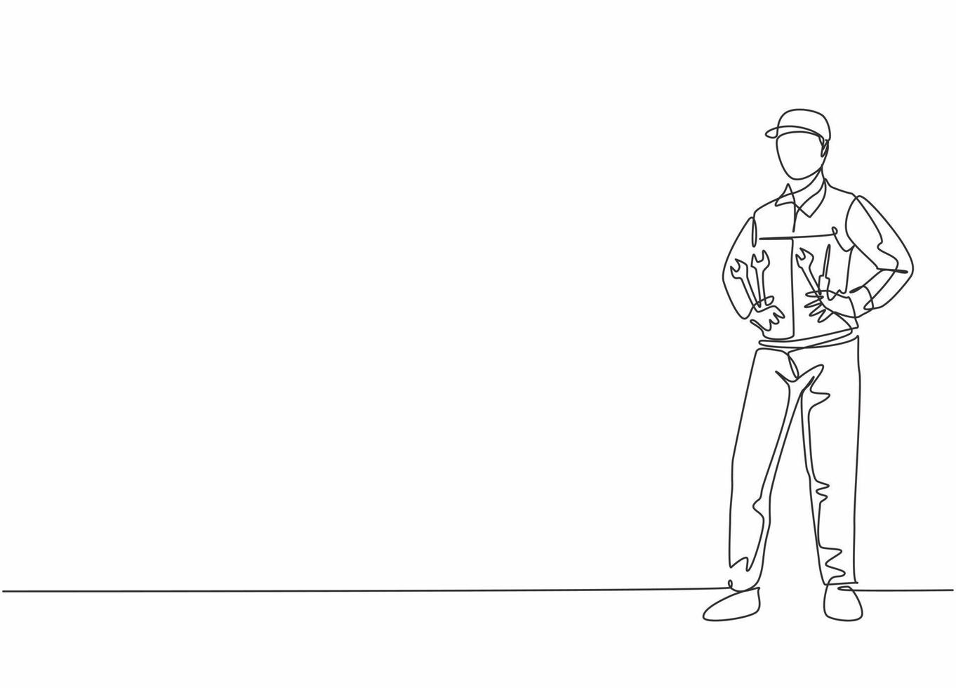 Single one line drawing of young male mechanic pose standing on workshop garage. Professional work profession and occupation minimal concept. Continuous line draw design graphic vector illustration