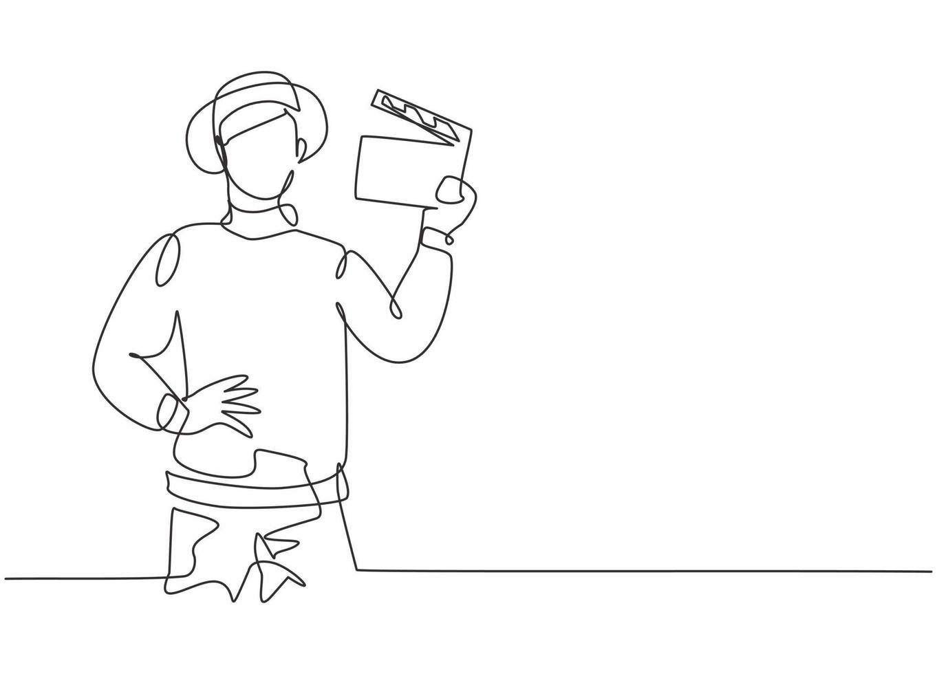 Single one line drawing of young smart male film director holding clapperboard. Professional work profession and occupation minimal concept. Continuous line draw design graphic vector illustration