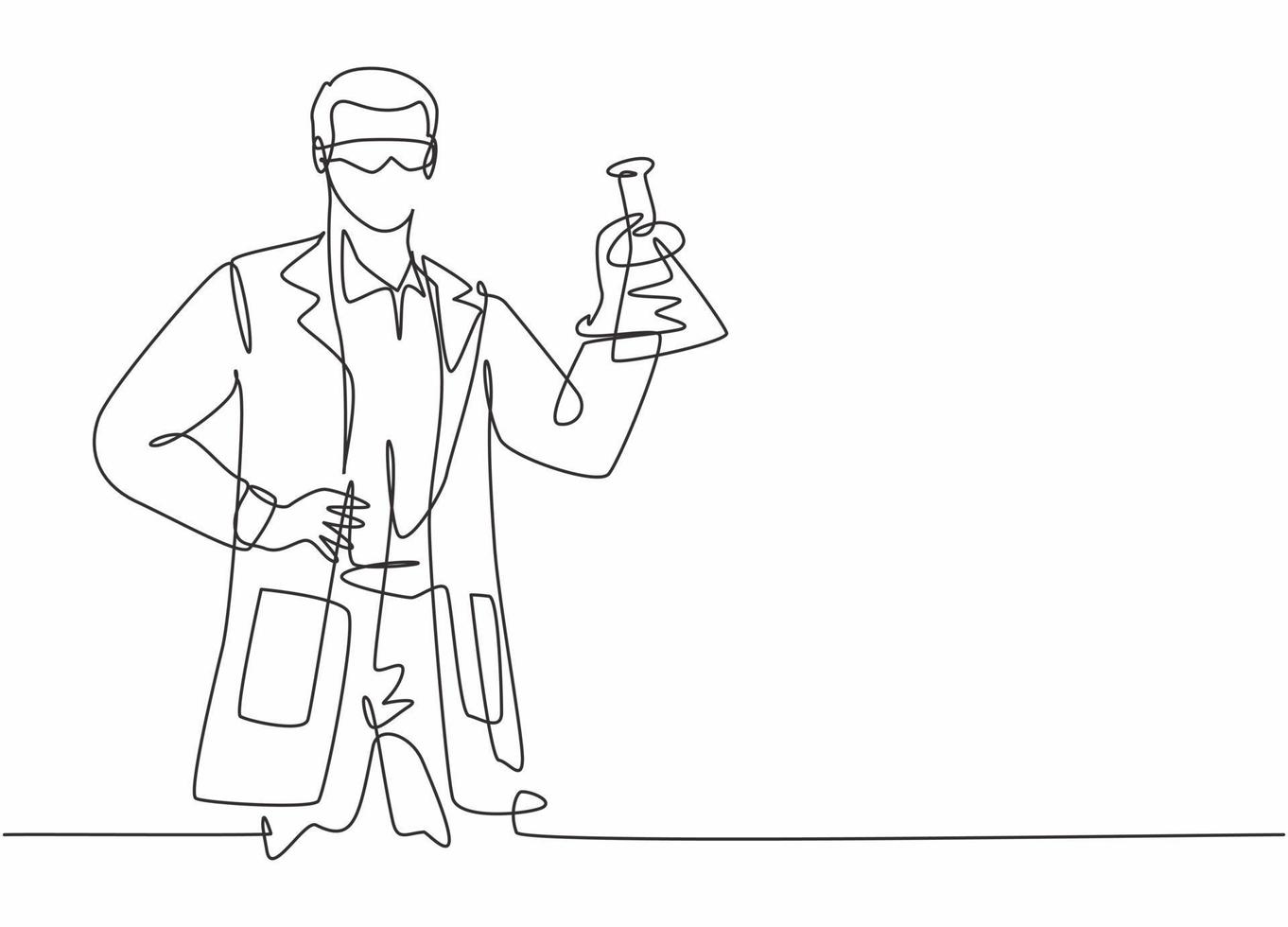 Single continuous line drawing of young male scientist working on laboratory to find flu vaccine. Professional work job occupation. Minimalism concept one line draw graphic design vector illustration