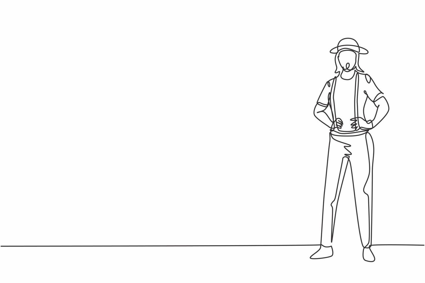 Single continuous line drawing young female mime artist with stripped shirt holding hands on hip. Professional work job occupation. Minimalism concept one line draw graphic design vector illustration