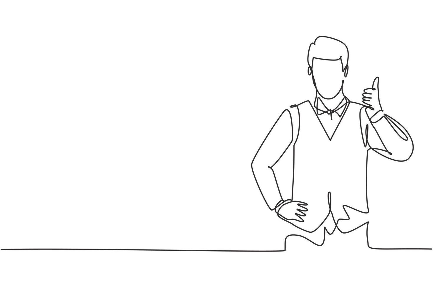 Single continuous line drawing the steward with a thumbs-up gesture is ready to serve airplane passengers in a friendly and warm manner. Dynamic one line draw graphic design vector illustration.