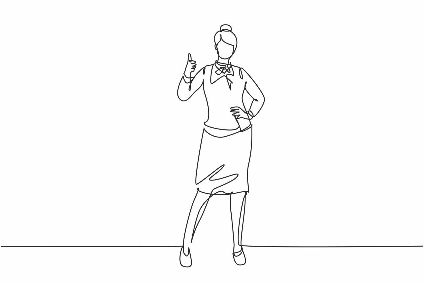 Single one line drawing of flight attendant stands in a uniform with thumbs-up gesture at the airport with the crew flying to their destination. Continuous line draw design graphic vector illustration