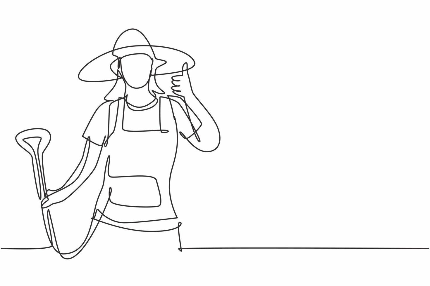 Continuous one line drawing female farmer with a thumbs-up gesture wearing a straw hat and carrying a shovel to work on the farm at harvest time. Single line draw design vector graphic illustration.