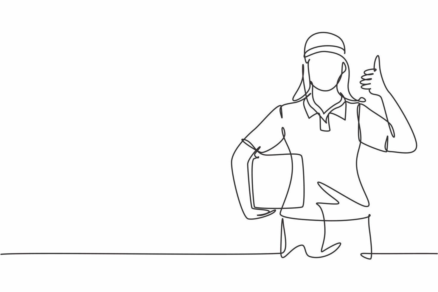 Single one line drawing of delivery lady with a thumbs-up gesture, carrying the package box to be delivered to customers with the best service. Continuous line draw design graphic vector illustration