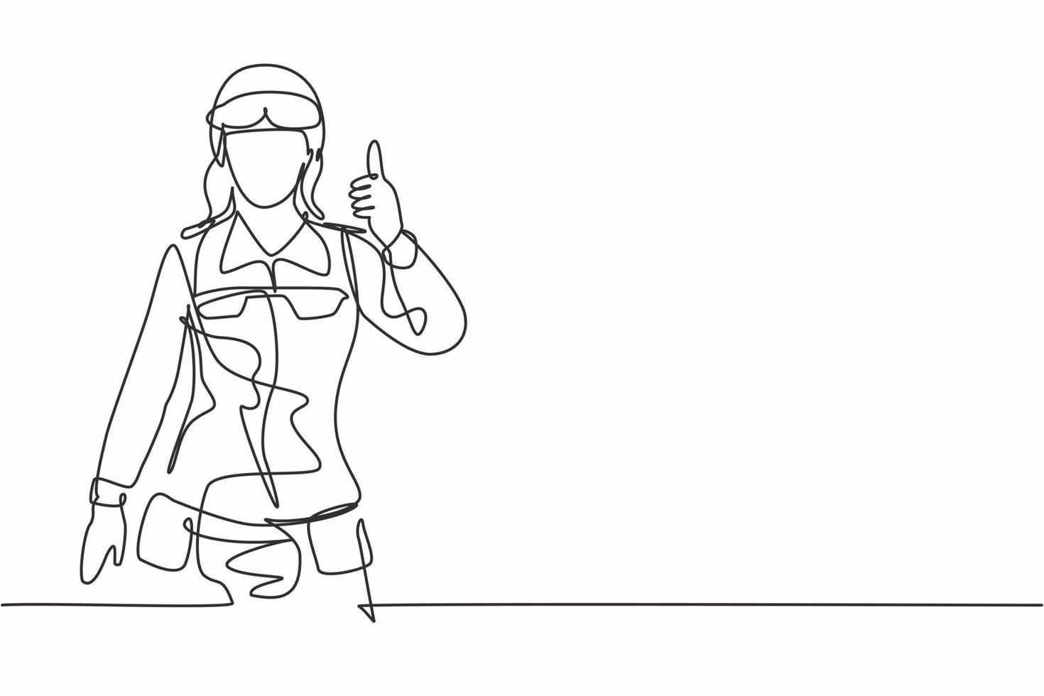 Single continuous line drawing woman soldiers with goggle, full uniforms, thumbs-up gestures are ready to defend the country on battlefield. Dynamic one line draw graphic design vector illustration
