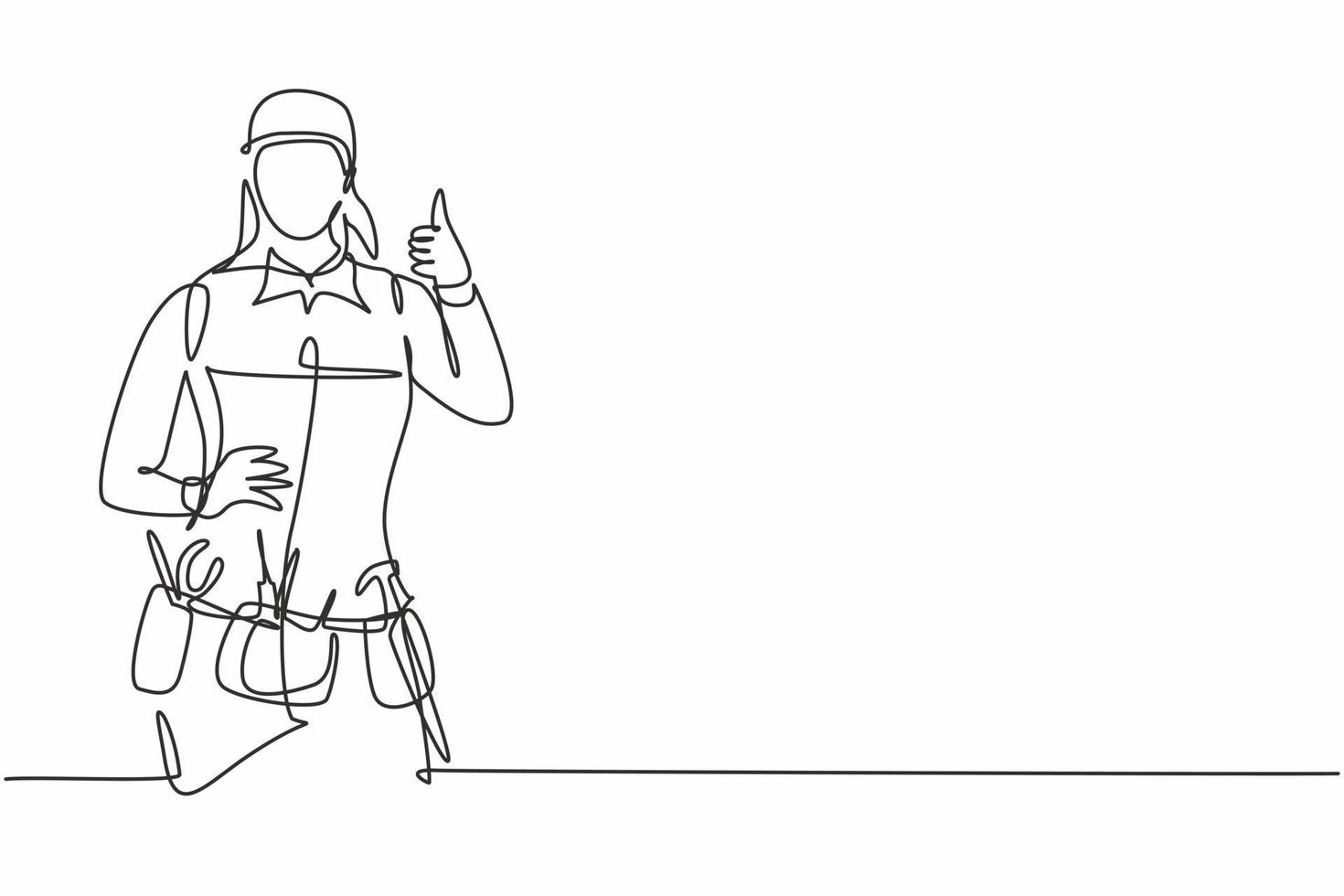 Continuous one line drawing handywoman with thumbs-up gesture is ready to work on repairing the damaged part of the house in a professional manner. Single line draw design vector graphic illustration