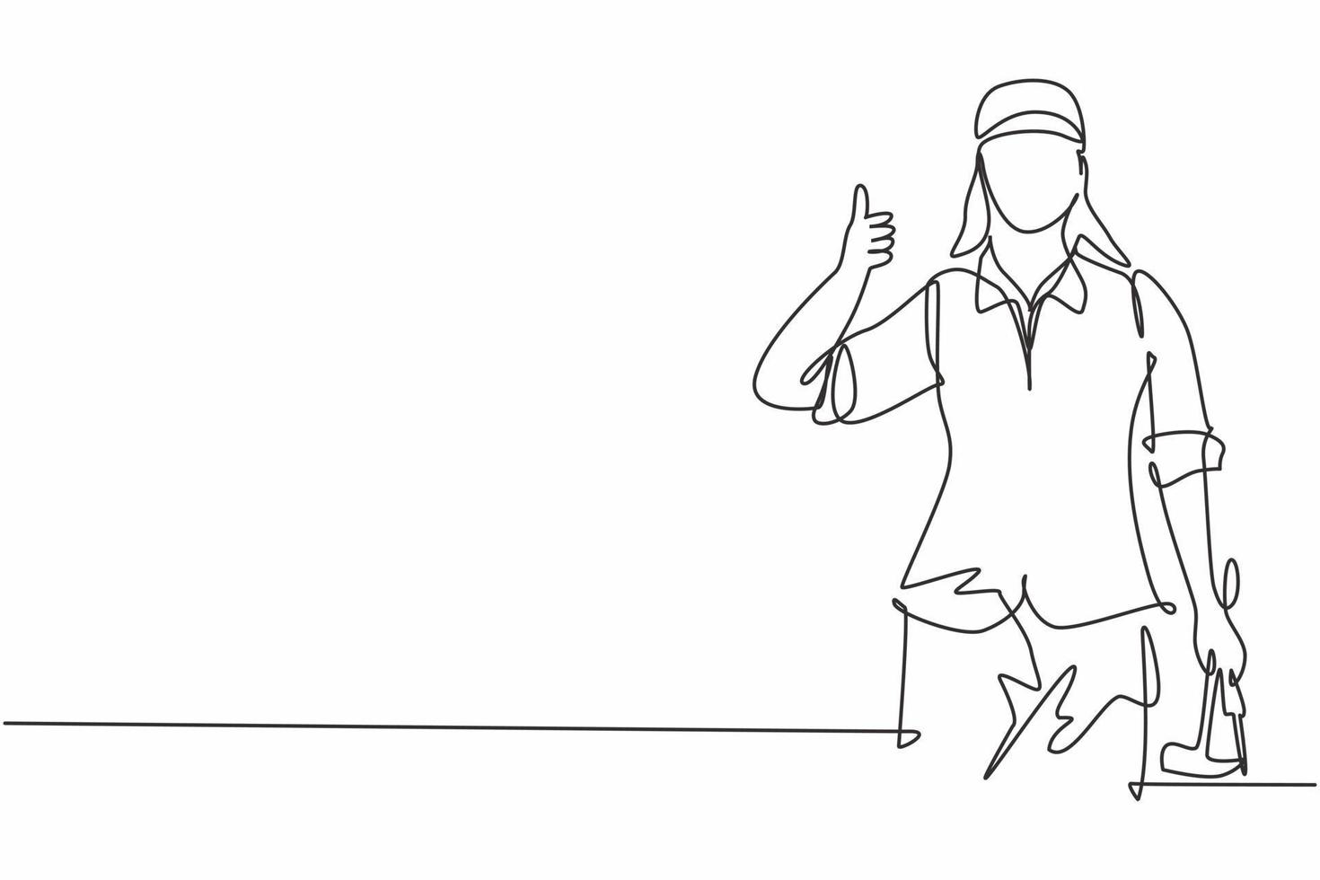 Single continuous line drawing carpenter woman with a thumbs-up gesture works in his workshop making wooden products. Skills in using carpentry tools. One line draw graphic design vector illustration