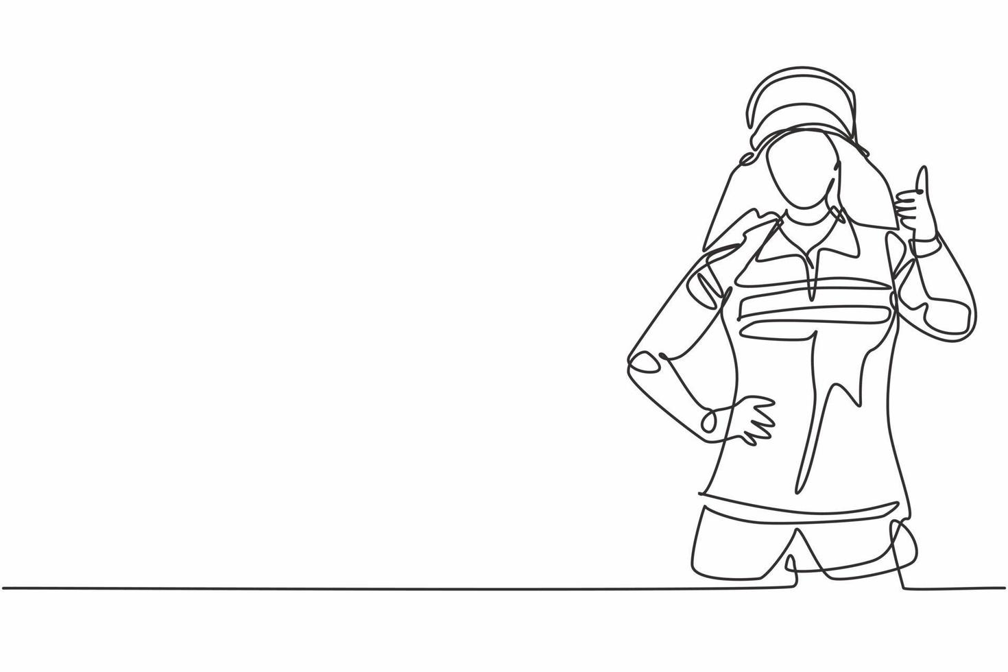 Single continuous line drawing female firefighters in uniform complete with a thumbs-up gesture prepare to put out the fire that burned the building. One line draw graphic design vector illustration