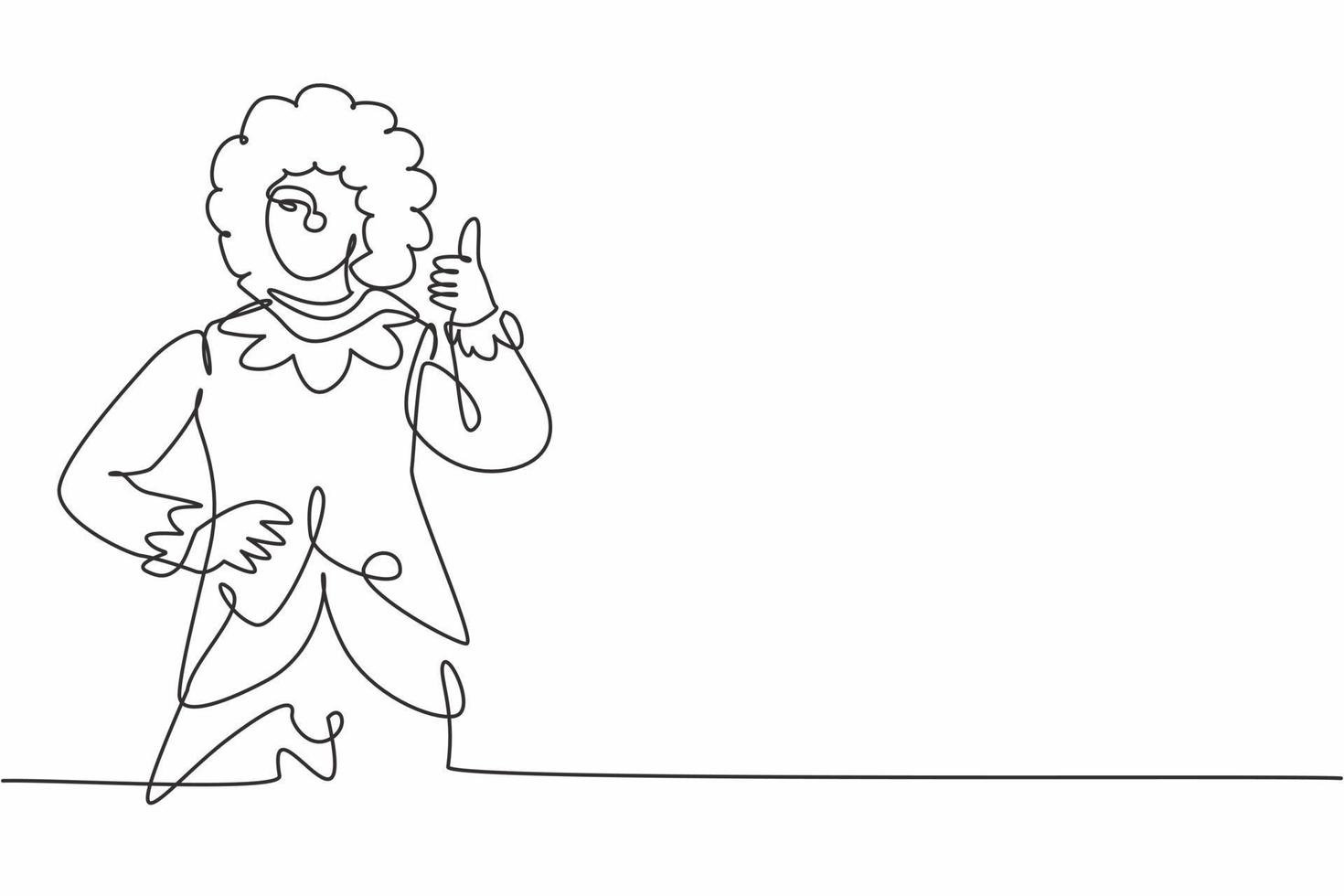 Continuous one line drawing female clown with thumbs-up gesture, wearing a wig and smiling face make-up, entertaining kids at a festive birthday. Single line draw design vector graphic illustration