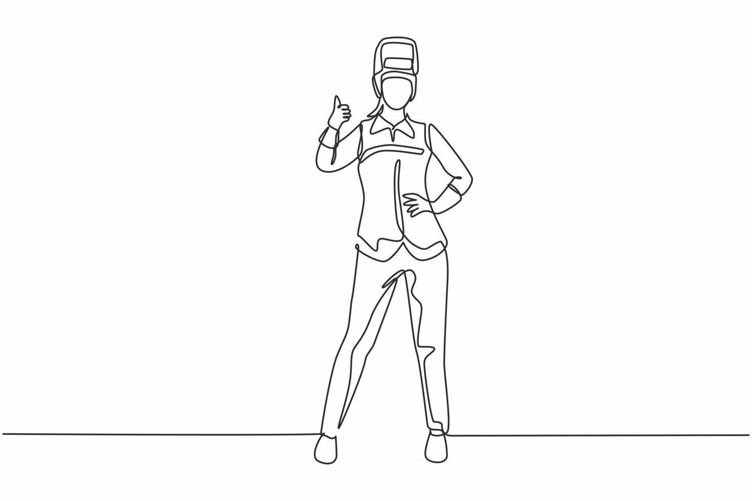 Single one line drawing of female welder stands with a thumbs-up gesture and the face shield is removed ready to work in his iron workshop. Continuous line draw design graphic vector illustration