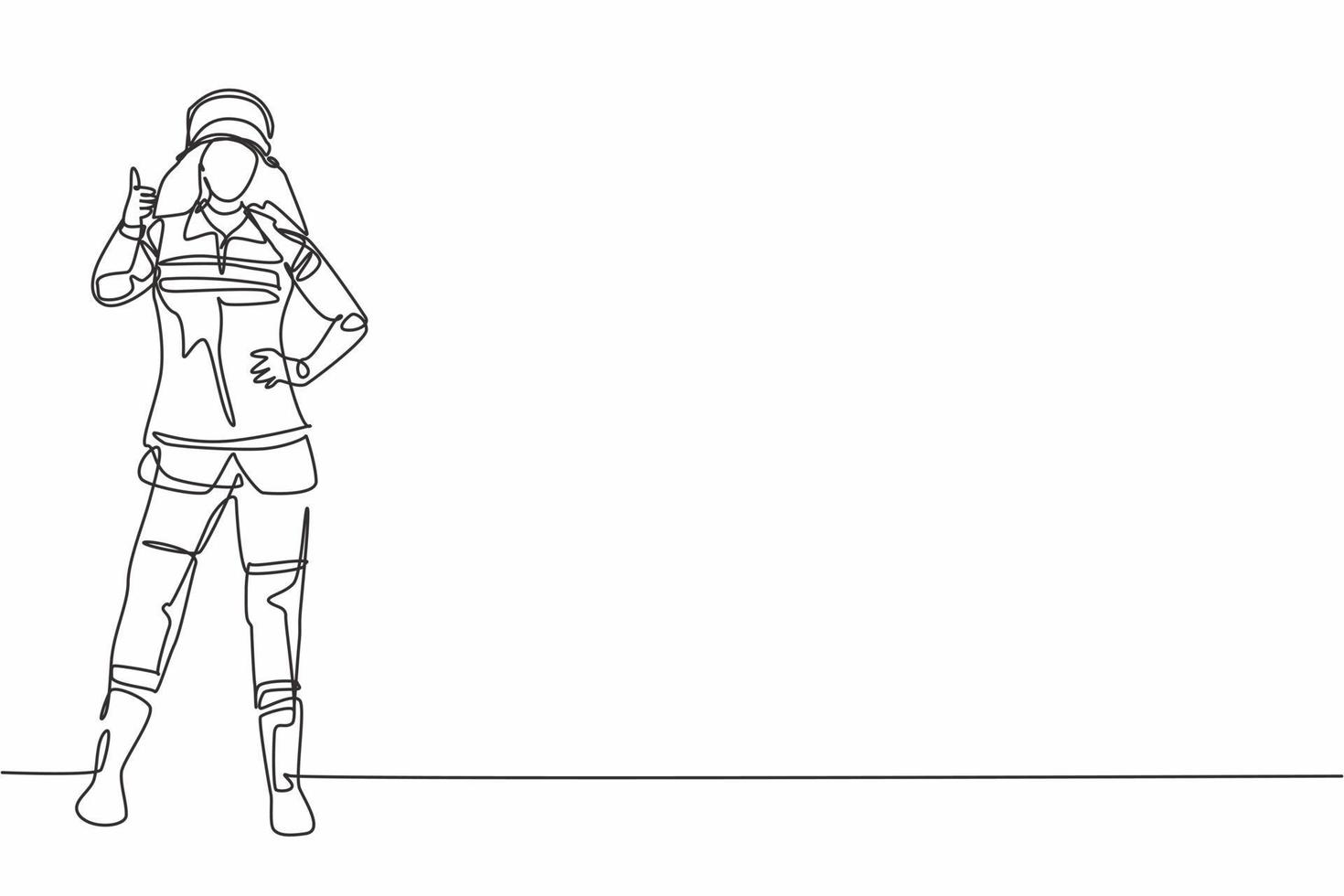 Continuous one line drawing female firefighters stood wearing helmets and  uniforms complete with a thumbs-up gesture to work to extinguish the fire.  Single line draw design vector graphic illustration 3594948 Vector Art